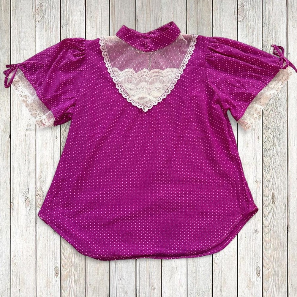 Gabrielle of California Womens Blouse Purple Polka Dot Lace Puff Sleeve Vintage